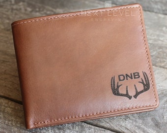 Personalized Deer Hunting Leather Wallet, Engraved Fathers Day Gift