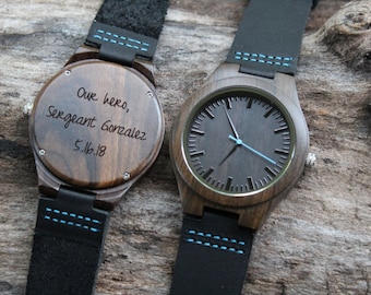 Personalized Police Officer Wood Watch, Engraved Leather Band Gift