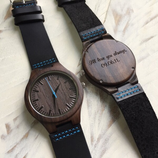 Engraved Wooden Watch, Zebrawood & Leather Band, Personalized Gift