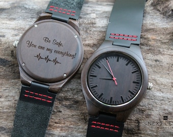 Engraved Natural Wood Watch, Black Leather Band, Red Stitching, Firefighter Gift for Him