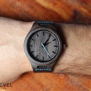 Black Wooden Watch Mens Christmas Gifts for Him Genuine Leather Band, Personalized Gifts for Husband image 7