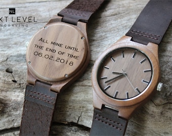 Engraved Walnut Wood Watch for Men, Leather Band - Personalized Gift