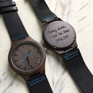 Black Wooden Watch Mens Christmas Gifts for Him Genuine Leather Band, Personalized Gifts for Husband image 4