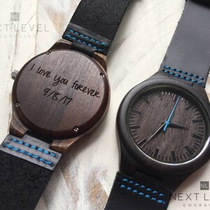 Black Wooden Watch Mens Christmas Gifts for Him Genuine Leather Band, Personalized Gifts for Husband image 2