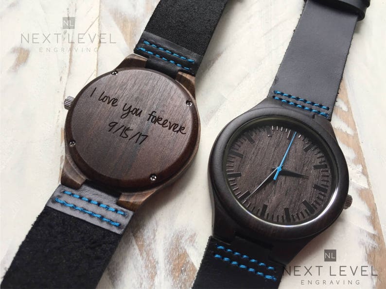 Black Wooden Watch Mens Christmas Gifts for Him Genuine Leather Band, Personalized Gifts for Husband image 2