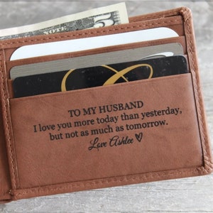 Gift for Groom from Bride on Wedding Day Husband Wedding Gift Unique Personalized Gift for Men Slim Brown Leather Bifold Wallet Engraved