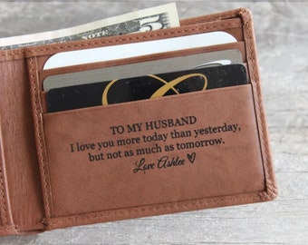 Groom Gift from Bride: Engraved Leather Bifold Wallet, Personalized Husband Wedding Gift