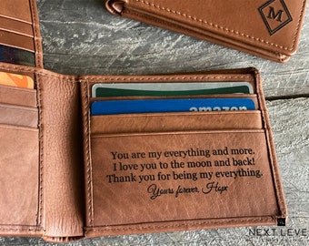 Personalized Leather Bifold Wallet, Engraved Gift for Him on Fathers Day