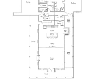 May include: A black and white architectural floor plan labelled FIRST FLOOR PLAN. The layout includes a garage, kitchen with an eating bar, dining area, great room, bedroom, office, pantry, laundry, storage, and multiple porch areas.