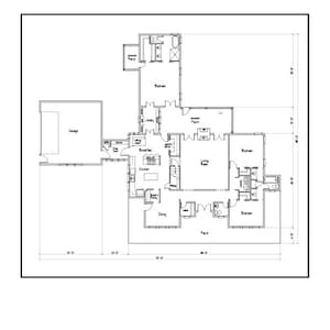 Puede incluir: Plano arquitectónico en blanco y negro de una casa. El diseño incluye garaje, dormitorios, cocina, comedor, sala de estar y porches. Las dimensiones se indican en pies.