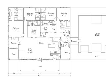 May include: A black and white architectural floor plan detailing a house layout. The plan features labeled rooms including bedrooms, a kitchen, living room, and garage. Dimensions are in feet, providing a comprehensive view of the home's design, with measurements.