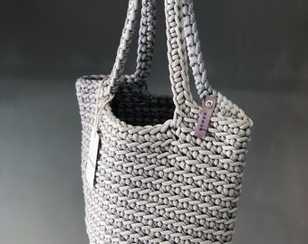 Scandinavian Style Crochet Tote Bag Handmade Knitted Handbag Gift for Her SILVER GRAY HAIR color