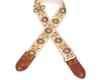 Tan & Olive Flower Vintage Ribbon Guitar Strap