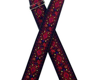 Dark Red Floral Ribbon Guitar Strap