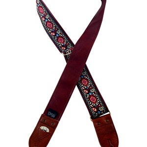 Red & Cream Floral Ribbon Guitar Strap image 7