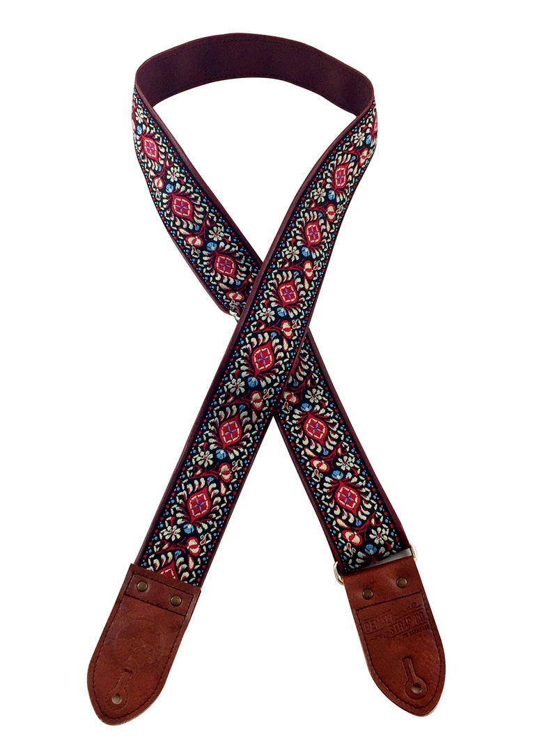 Red & Cream Floral Ribbon Guitar Strap image 6