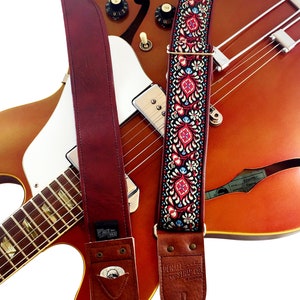 Red & Cream Floral Ribbon Guitar Strap image 5