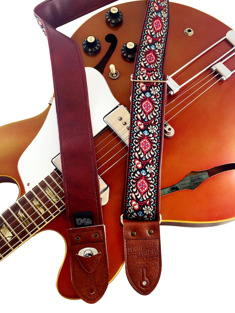 Red & Cream Floral Ribbon Guitar Strap image 5