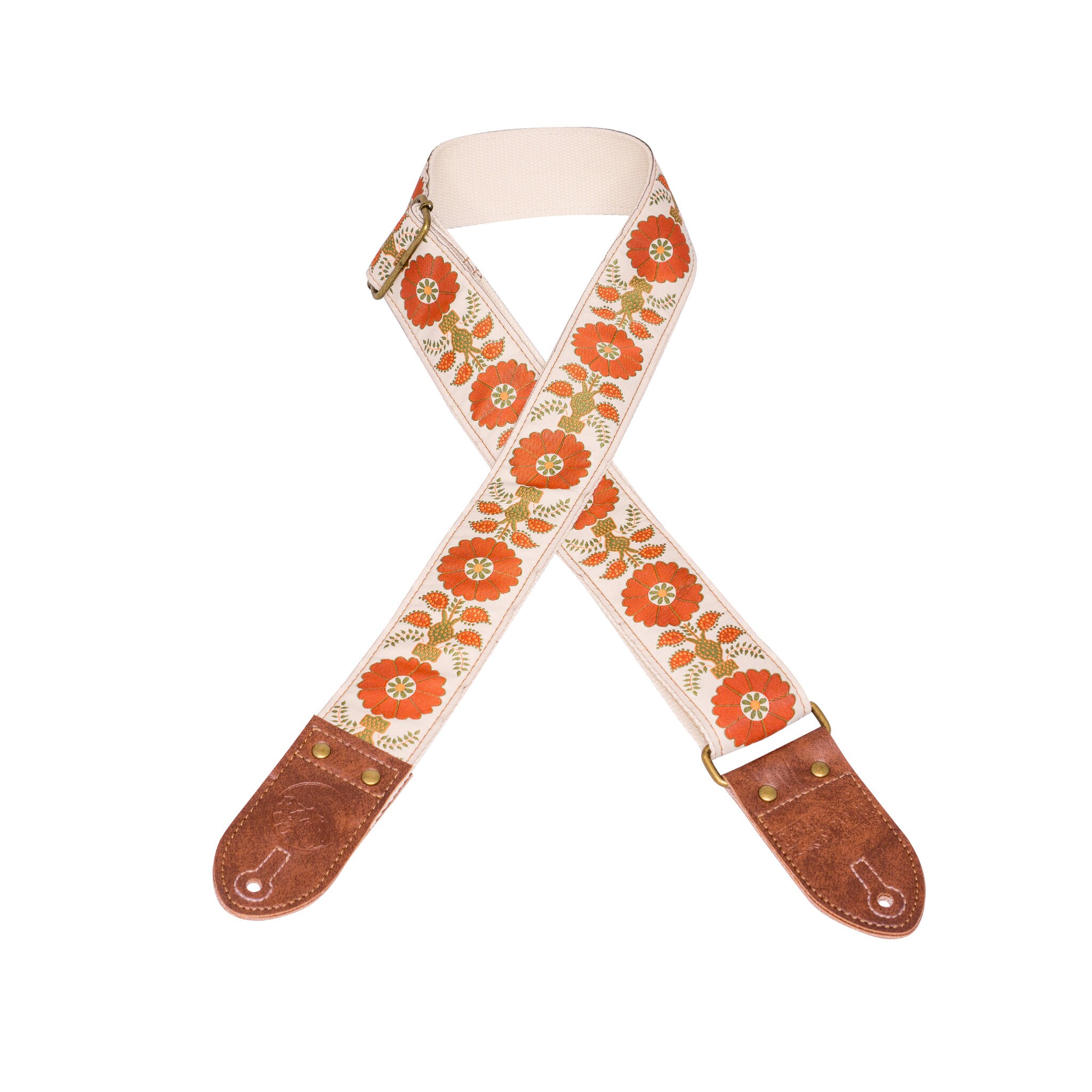 Tan & Maroon Flower Vintage Ribbon Guitar Strap