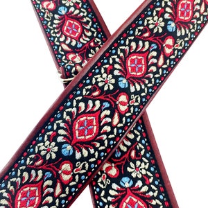 Red & Cream Floral Ribbon Guitar Strap image 2