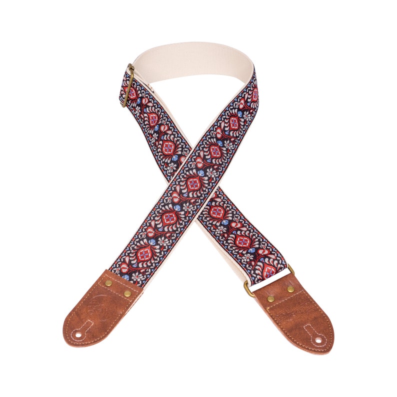 Red & Cream Floral Ribbon Guitar Strap image 1