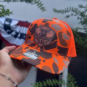 Deer Hunting Trucker Hat | Blaze Orange Camo, Spike Buck Patch