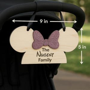Custom Minnie Mouse inspired Stroller Tag – Personalized Disney Trip Sign – Glitter Bow – 9x5 Wooden Name Tag with Ribbon