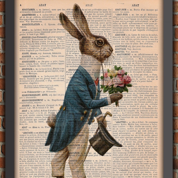 Lapin Alice Animal Oreilles Pâques Ferme  Victorien Vintage Art Print Décoration Murale Cadeau Poster Original Dictionnaire Page Impression