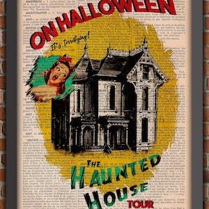 Haunted House Horror Dark Gothic Scary Ghost Pin Up Halloween Spooky Vintage Art Print Home Decor Gift Poster Original Dictionary Page Print
