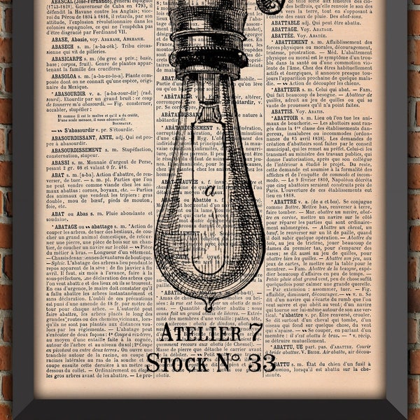 Ampoule Industriel Steampunk Filament Edison Art Print Décoration Murale Cadeau Poster Original Vintage Dictionnaire Page Impression