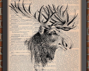 Elk Head Moose Deer Stag Christmas Winter Snow Vintage Art Print  Home Decor Gift Poster Original Dictionary Book Page Print [A014]