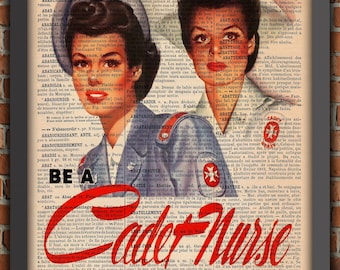 Nurse Pin Up WW2 USA War Retro Woman UK Cute Propaganda Army Vintage Art Print Home Decor Gift Poster Original Dictionary Page Print