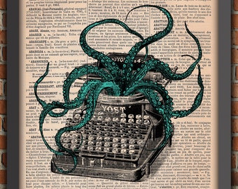Máquina de escribir Pulpo Tentáculos Vintage Cthulhu Arte Impresión Pared Decoración Regalo Cartel Original Diccionario Página Pulpo Impresión