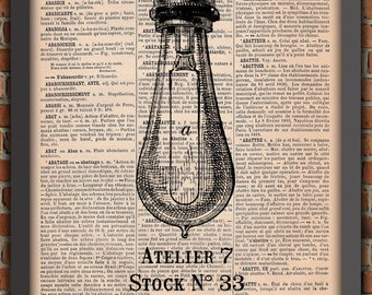 Ampoule Industriel Steampunk Filament Edison Art Print Décoration Murale Cadeau Poster Original Vintage Dictionnaire Page Impression