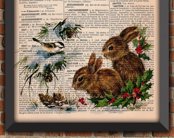 Christmas Cute Holly Snow Birds Santa Rabbits Bunny Farm Animal Hare Vintage Art Print Home Decor Gift Poster Original Dictionary Page Print