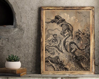 Giant octopus poster, octopus attack, KRAKEN, tentacle, art poster, aged paper, squid print