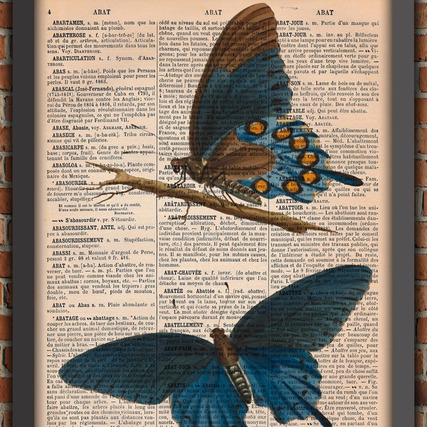 Blue Butterflies Bugs Curiosity Cabinet Odd Insect Vintage Art Print Home Decor Gift Poster Original Dictionary Page Print french old paper