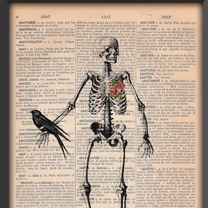 artwork original Humane Skeleton ribcage Dark Gothic  Halloween Goth Man Bones Vintage Art Print Home Decor Gift Original Dictionary Page