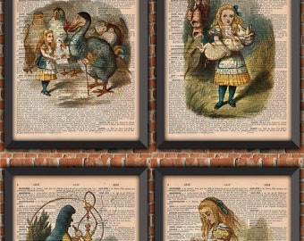 Alice in Wonderland art print set, Alice poster, Alice fan gift, Vintage French dictionary print,  gift from France