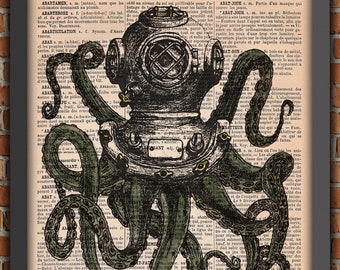Pulpo, tentáculos de pulpo, mar, océano, Verne, buceo, buzo, impresión artística vintage, decoración de pared, póster, impresión de página de diccionario original