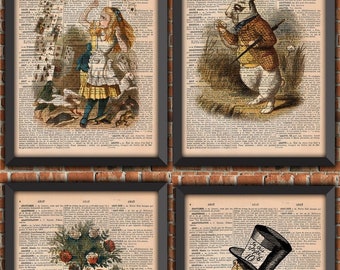 Pack  Alice Au Pays Des Merveilles Décoration Murale Cadeau Poster Littérature Original Vintage french Dictionnaire impression