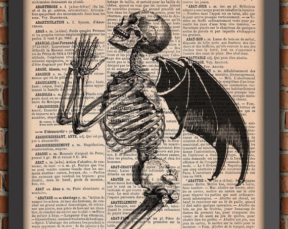 Demon Skeleton, Devil skeleton, prayer poster, Goth poster, praying skeleton, Original Gift, French dictionary Page Print, gift from France