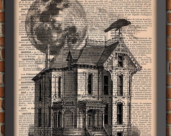 Haunted House Manor FULL MOON Raven Dark Gothic Ghost Halloween Spooky Goth Vintage Art Print  Decor Gift Poster Original Dictionary Page