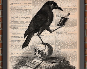 Edgard Allan Poe, Skull with Raven, Reading Crow,  Nevermore, affiche Corbeau, Gothique print,  Vintage Art Print