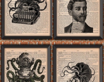 Pack OCTOPUS LOVER Cthulhu 4 affiches pieuvre Vintage ArtPrint AUTHENTIQUE Pages poulpe jules vernes tentacules Dictionnaire original cadeau