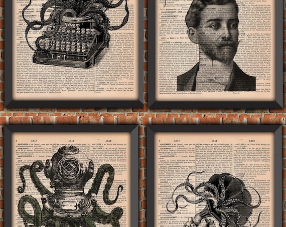 Pack OCTOPUS LOVER Cthulhu 4  french AUTHENTIQUE Vintage pages Art Print Original Dictionary Page tentacules sea lovecraft jules vernes