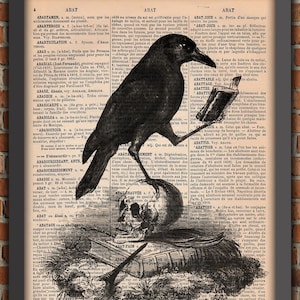 Skull with Raven, Gothic print, gift for book lover, Art Print,  POE Home Decor,  Gift from France