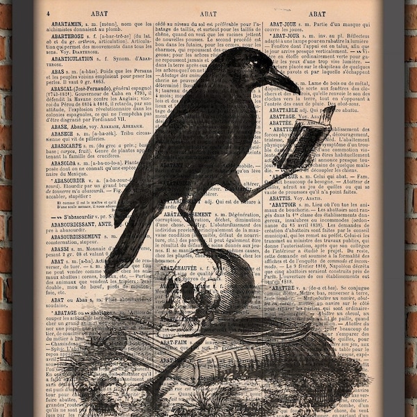 Edgard Allan Poe, Skull with Raven, Reading Crow,  Nevermore, affiche Corbeau, Gothique print,  Vintage Art Print