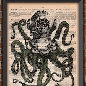 Octopus Tentacles Jules Vernes Squid Ocean Sea Retro Diving Vintage Art Print Home Decor Gift Poster Original Dictionary Page Print