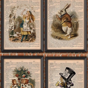 Pack Alice In Wonderland Art Print  Home Decor Gift Literature Poster Original French Dictionary Vintage Book Page Print Mad hatter